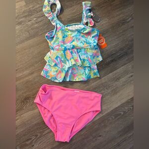 Floral Kids Swimsuit 2 pc - Pink and Blue Sz L 10/12